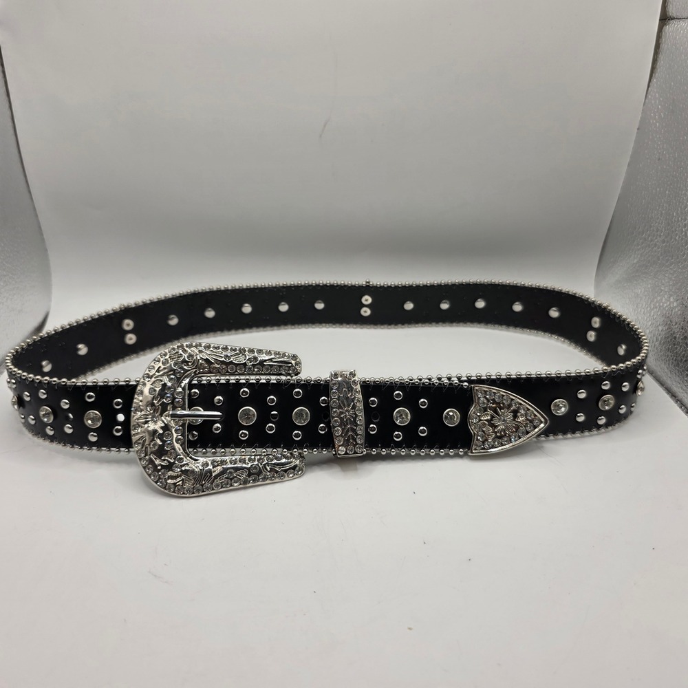 Western Black Rhinestone Cross Studded Belt Silver Buckle Cowgirl 38 inch Rodeo